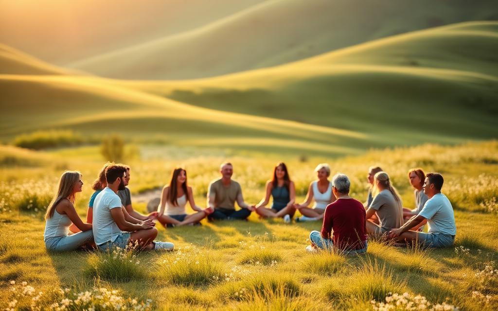 Community gathering in a peaceful meadow at golden hour
